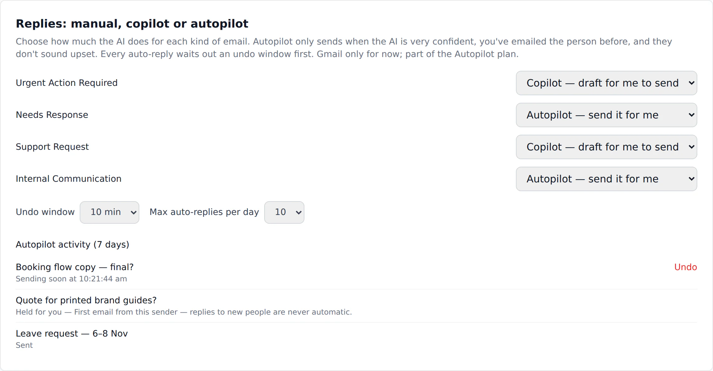 Reply modes per category and the Autopilot activity log with an Undo button