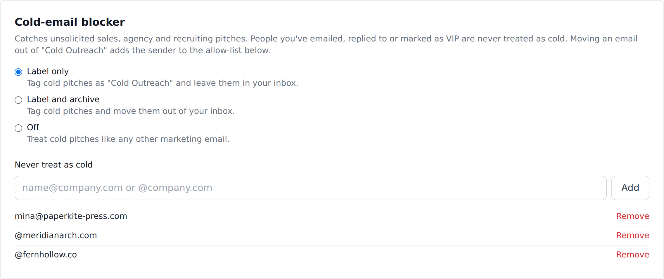 Cold-email blocker settings with the never-treat-as-cold allow-list