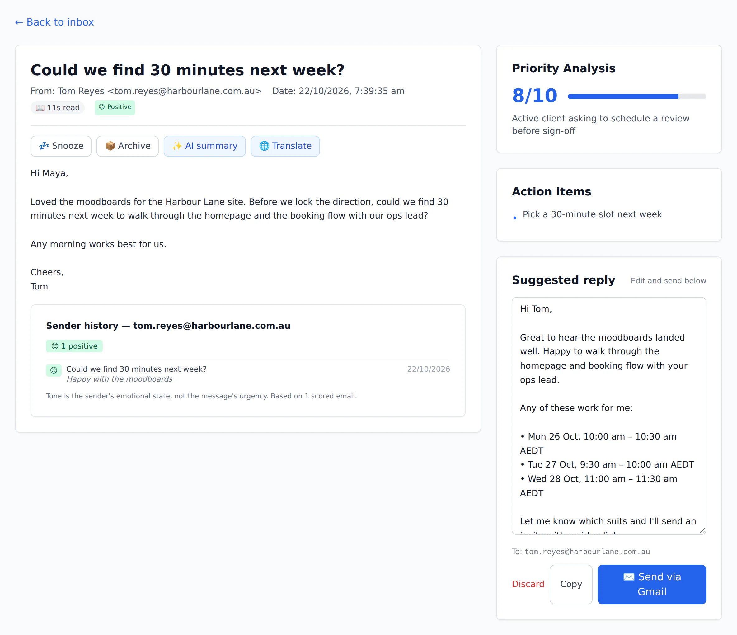 An email opened in Email Triage, showing the priority reason and a drafted reply