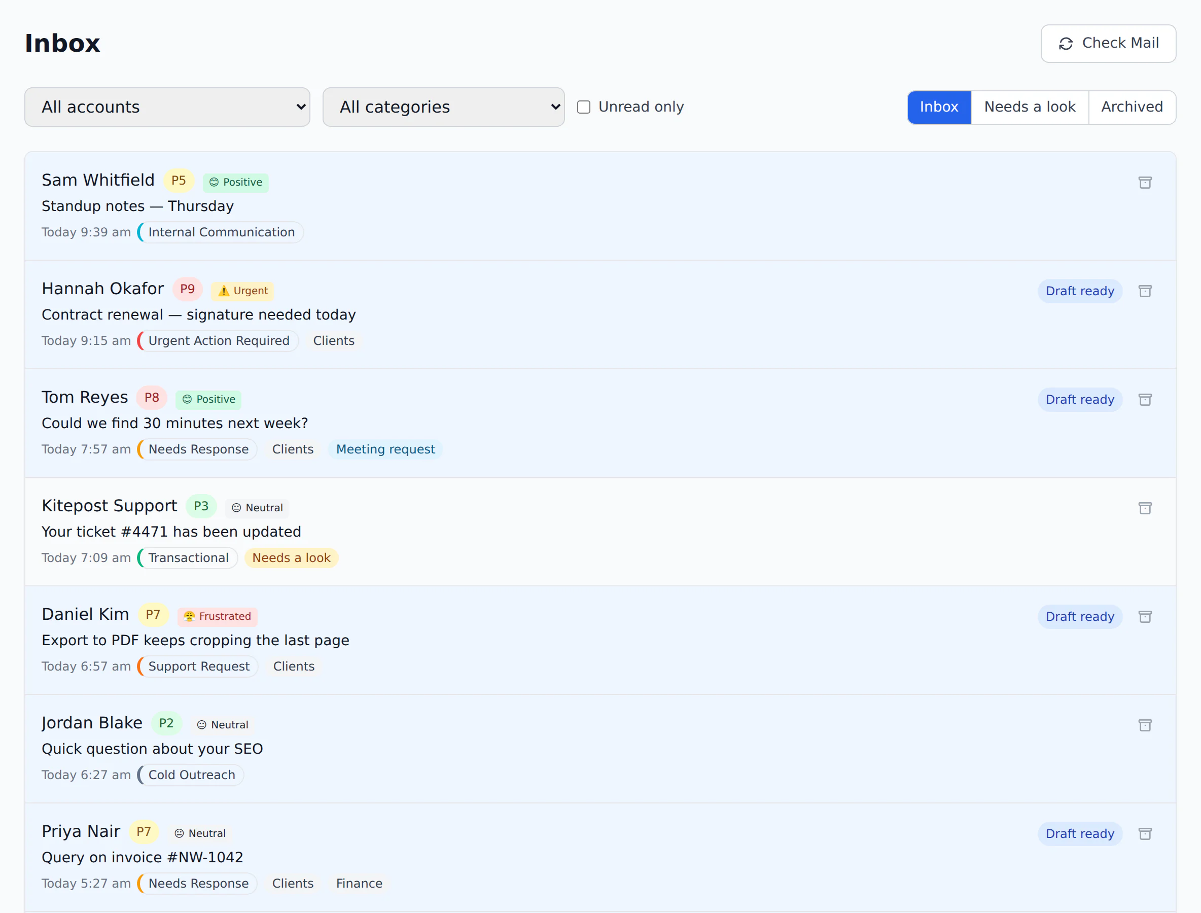 Email Triage inbox: emails sorted by priority score, each with a category and labels