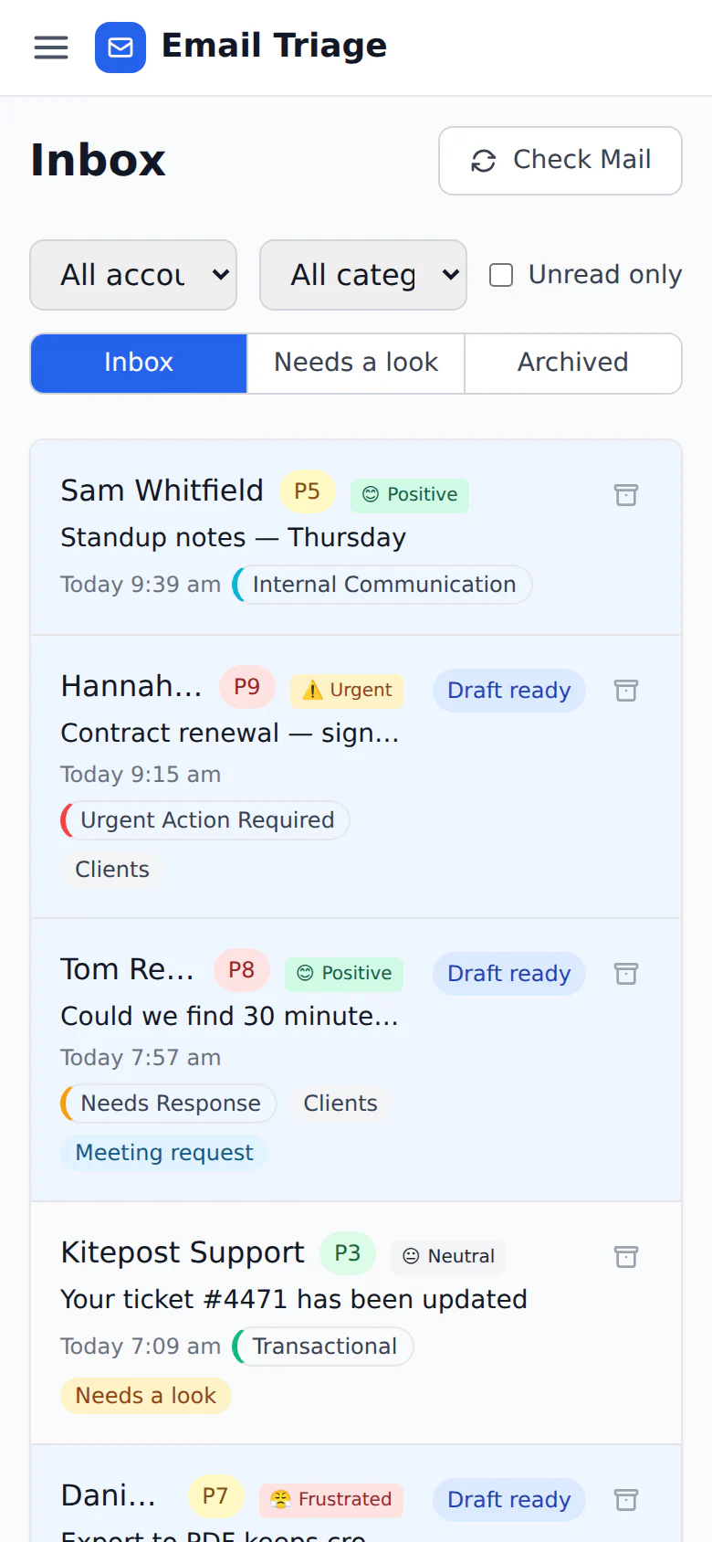 The Email Triage inbox on a phone