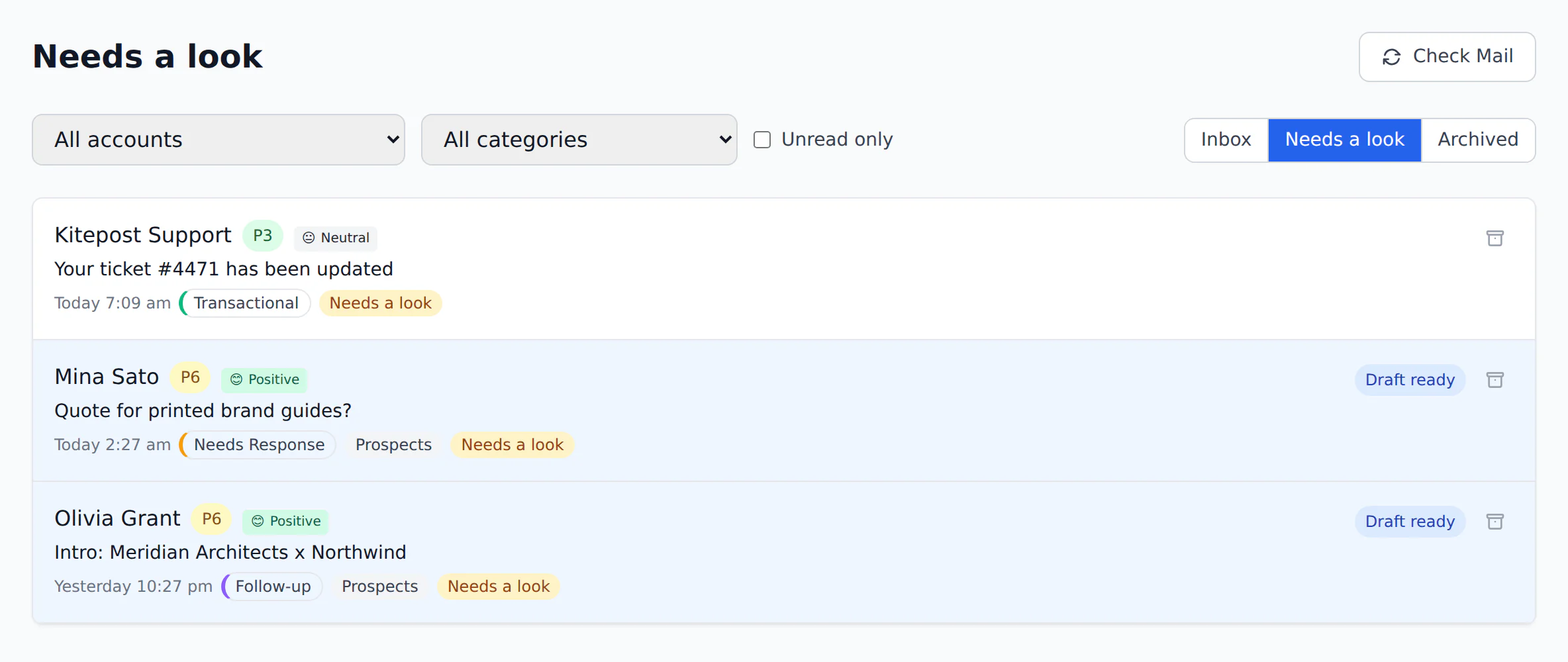 The Needs a look tab, listing emails the AI was not confident about
