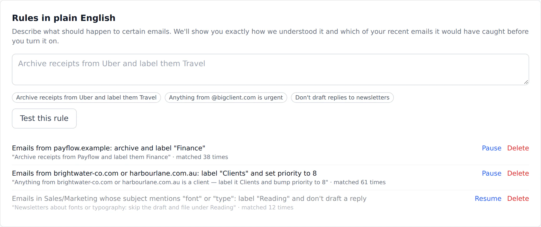 Plain-English rules in Settings, each restated in plain words with its match count